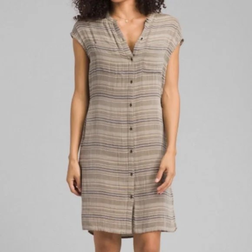 Striped Cap-Sleeve Button-Front Dress in Taupe
